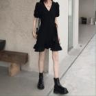 Short-sleeve V-neck Mini Mermaid Dress Black - One Size