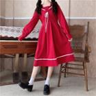 Long-sleeve Tie Neck Midi A-line Dress Red - One Size