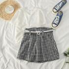 Ruched Front Short-sleeve Top / Gingham High-waist Shorts With Belt