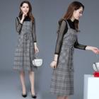 Set: Long-sleeve Top + Plaid Midi Pinafore Dress