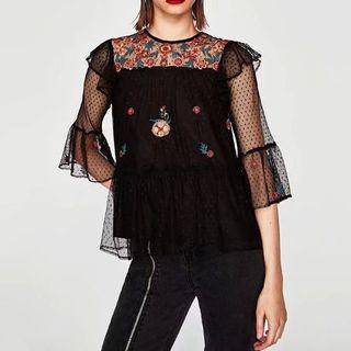 3/4-sleeve Embroidery Mesh Top