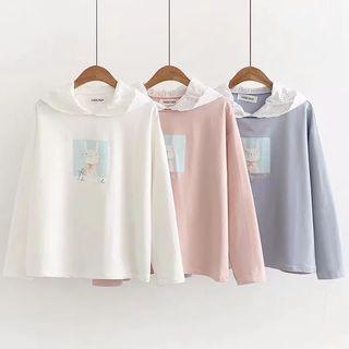 Long-sleeve Eyelet Lace Hood Rabbit Print T-shirt