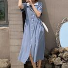 Two Tone Short-sleeve Midi A-line Shirt Dress