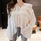 Long-sleeve Frill-trim Lace Top White - One Size