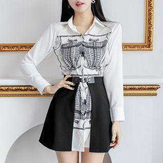 Set: Long-sleeve Print Mini Shirtdress + Plain Mini A-line Skirt