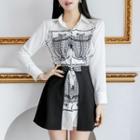 Set: Long-sleeve Print Mini Shirtdress + Plain Mini A-line Skirt