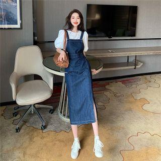 Plain Puff-sleeve Top / Denim Sleeveless Dress