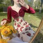 Long-sleeve Floral Print Velvet Panel Midi Sheath Dress