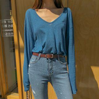 Plunge-neck Linen Blend T-shirt