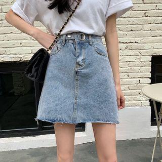 Frayed A-line Mini Denim Skirt