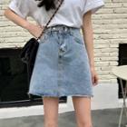 Frayed A-line Mini Denim Skirt