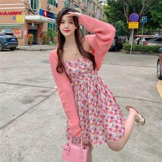 Spaghetti-strap Floral Mini A-line Dress / Cropped Cardigan