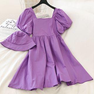 Square Neck Puff-sleeve A-line Dress With Hat