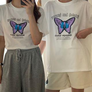 Butterfly Print Short-sleeve Crop T-shirt / Elbow Sleeve T-shirt