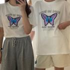 Butterfly Print Short-sleeve Crop T-shirt / Elbow Sleeve T-shirt