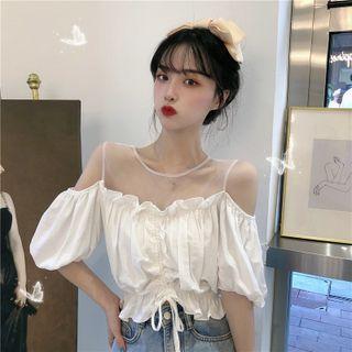 Short-sleeve Cold-shoulder Mesh Panel Chiffon Top