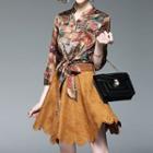 3/4-sleeve Printed Mock Two Piece A-line Dress