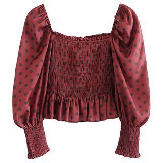 Puff-sleeve Dotted Cropped Blouse / Midi A-line Skirt