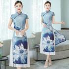 Traditional Chinese Cap-sleeve Print Midi Dress
