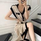 Contrast-trim V-neck Slit Sleeveless Knit Dress