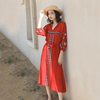 3/4-sleeve Embroidered V-neck A-line Midi Dress