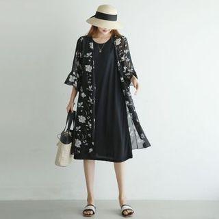 Bell-sleeve Floral Robe Cardigan