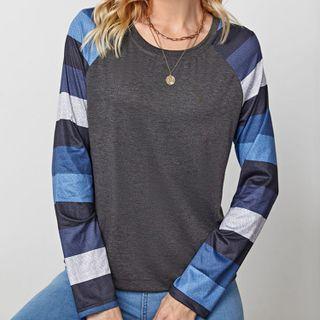 Long-sleeve Crew-neck Striped Panel T-shirt