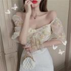 Wide-neck Embroidered Mesh Crop Blouse