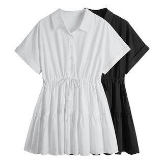 Short Sleeve Plain Drawstring Shirtdress