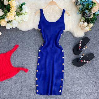 Spaghetti-strap Buttoned Rib Knit Dress