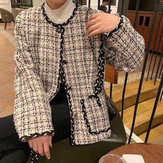 Long-sleeve Plaid Jacket Almond - One Size