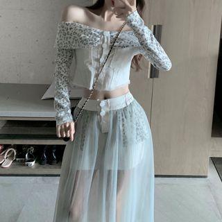 Long-sleeve Off-shoulder Top / Mesh Midi A-line Skirt