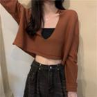 Long-sleeve Cropped Open-collar Knit Top