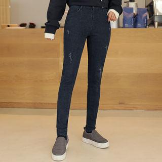 Coral-fleece Lined Distressed Skinny Jeans