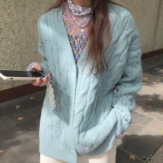 Long-sleeve High-neck Floral Printed Top / Plain Cable Knit Cardigan