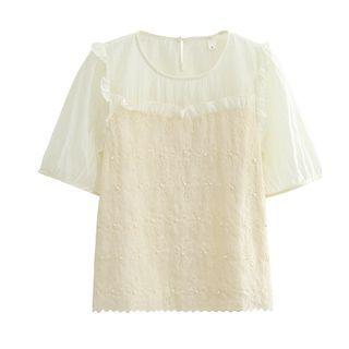 Short-sleeve Embroidered Chiffon Top Almond - One Size