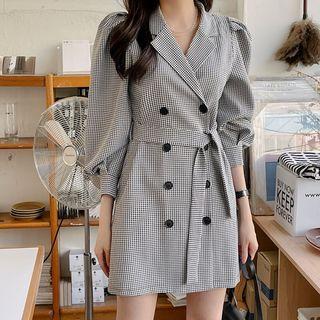 Puff-shoulder Plaid Trench Dress