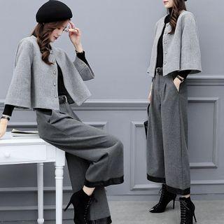 Set: Flared-sleeve Single-breasted Coat + Cropped Wide-leg Pants