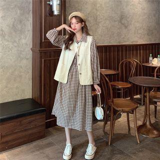 Set: Plain Vest + Long-sleeve Check Dress