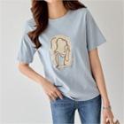 Faux-pearl Beaded Illustration T-shirt