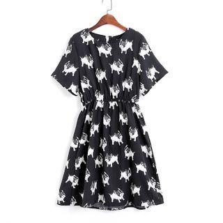 Short-sleeve Printed Mini A-line Dress Black - M