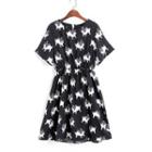 Short-sleeve Printed Mini A-line Dress Black - M