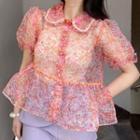 Floral Print Puff-sleeve Mesh Blouse