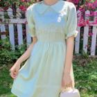 Puff-sleeve Peter Pan Collar Embroidered Mini Dress Green - One Size