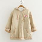 Embroidered 3/4-sleeve Hooded Zip Coat