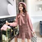 Mock Two-piece Bow Accent Long-sleeve A-line Dress