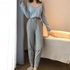 Long-sleeve Cold-shoulder Knit Top / Rib-knit Jogger Pants