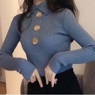 Turtleneck Buttoned Ribbed Knit Top