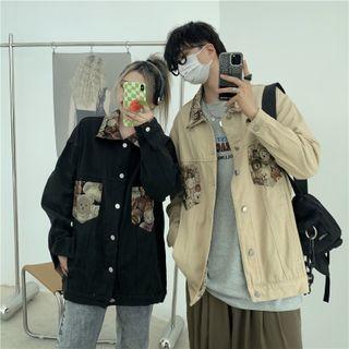 Bear Print Trim Shirt Jacket