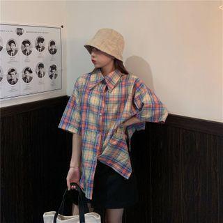 Short-sleeve Plaid Loose Fit Shirt As Shown In Figure - One Size